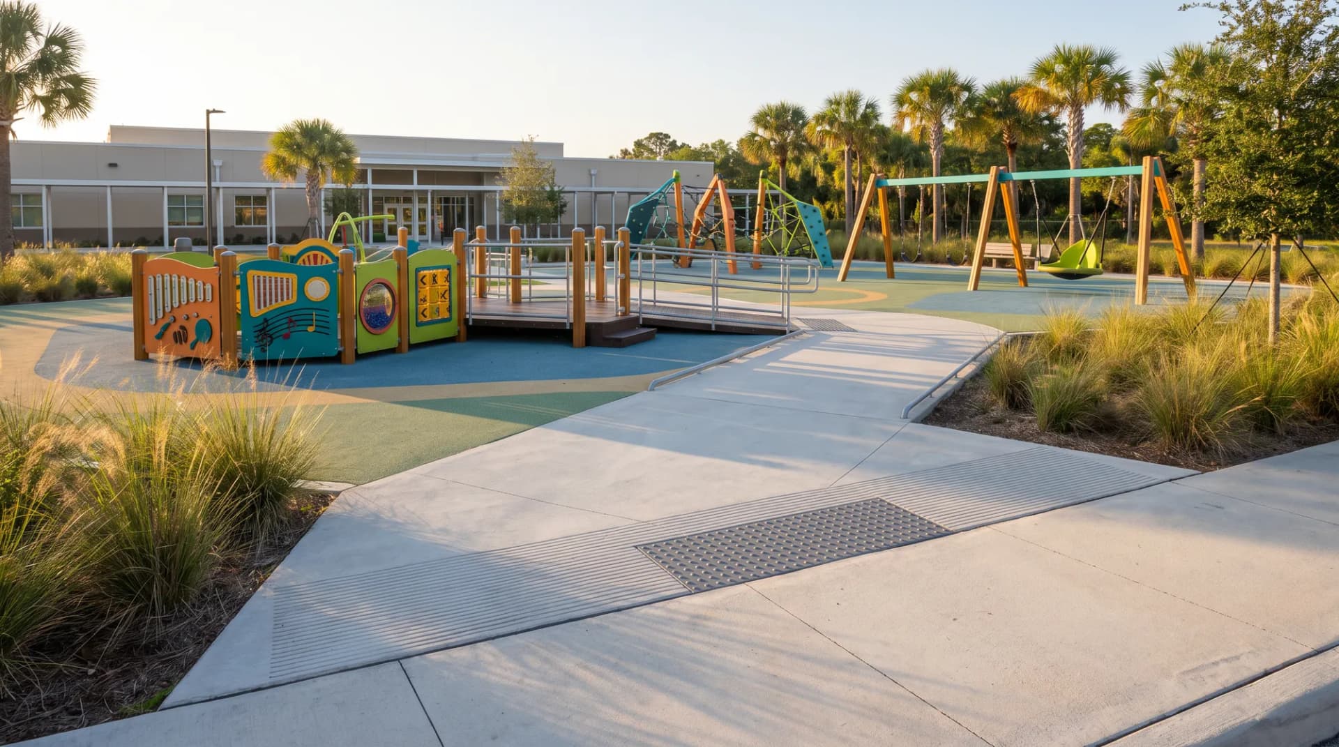 Accessible concrete route with tactile warning pads leading to a ramped play area and swings at a Florida school playground.