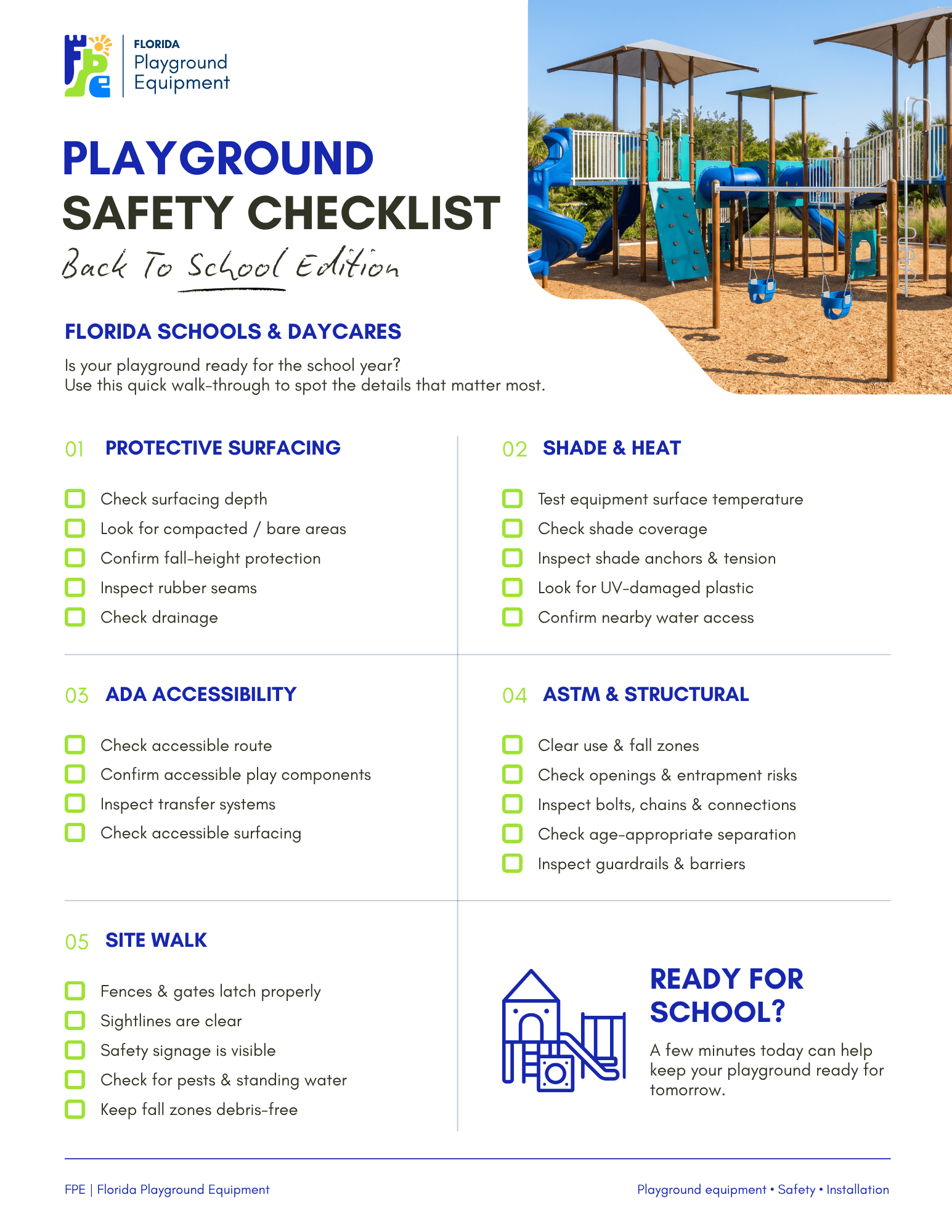 FPE Playground Safety Checklist, Back to School Edition: five sections covering protective surfacing, shade and heat, ADA accessibility, ASTM and structural checks, and a site walk.