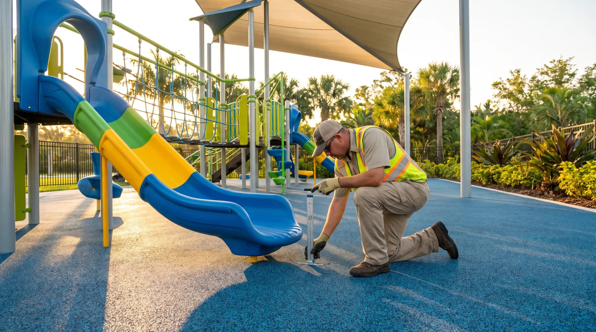 Facilities staff inspecting playground surfacing depth at a Florida school before the school day begins.