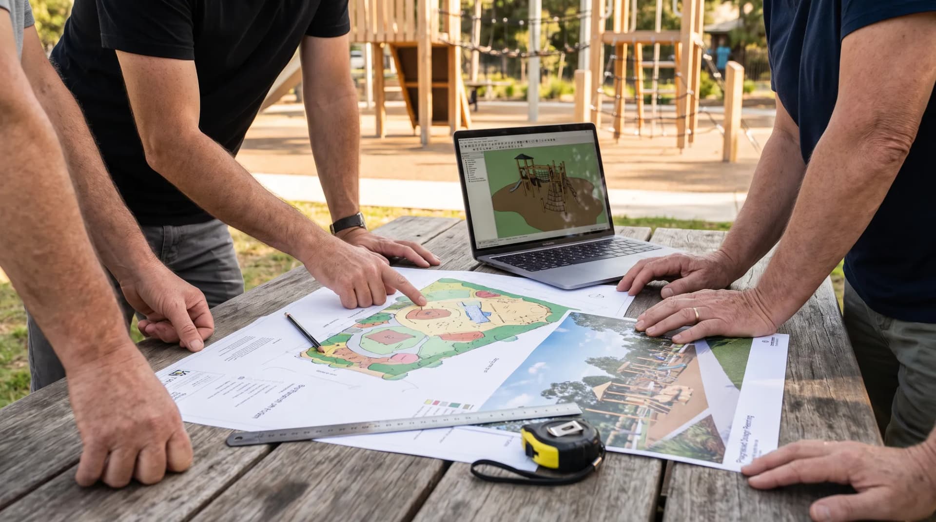 Three people gathered around an outdoor picnic table reviewing playground site plans, a design rendering, and a 3D model on a laptop, with a playground behind them.