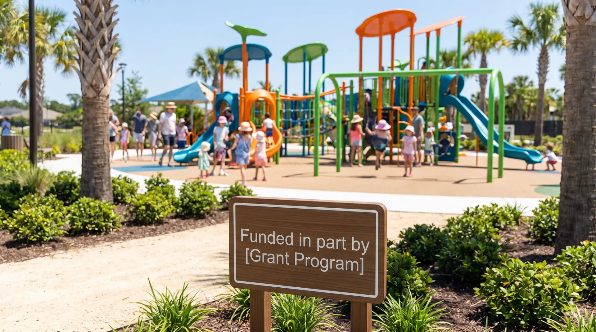 Children and families playing on a colorful playground under palm trees, with a sign in the foreground reading "Funded in part by [Grant Program]".