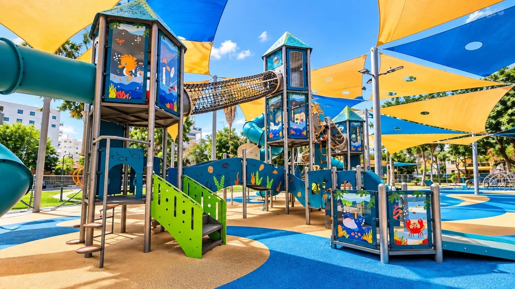 Custom ocean-themed playground with towers, a rope bridge, and sea-life panels under shade sails.