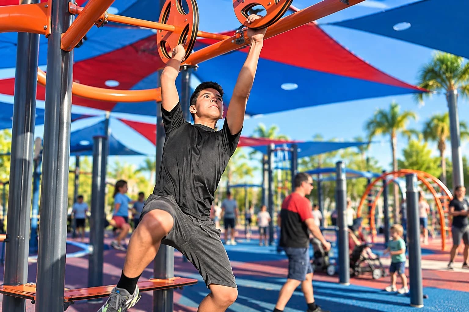 Teen using an outdoor pull-up station at a shaded commercial fitness park.