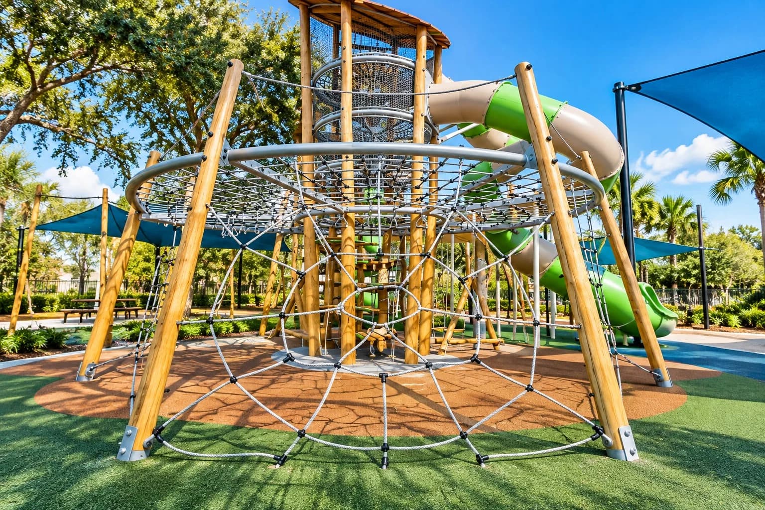 Wooden play tower with a rope climbing dome, spiral tube slide, and shaded platforms at a Florida playground.