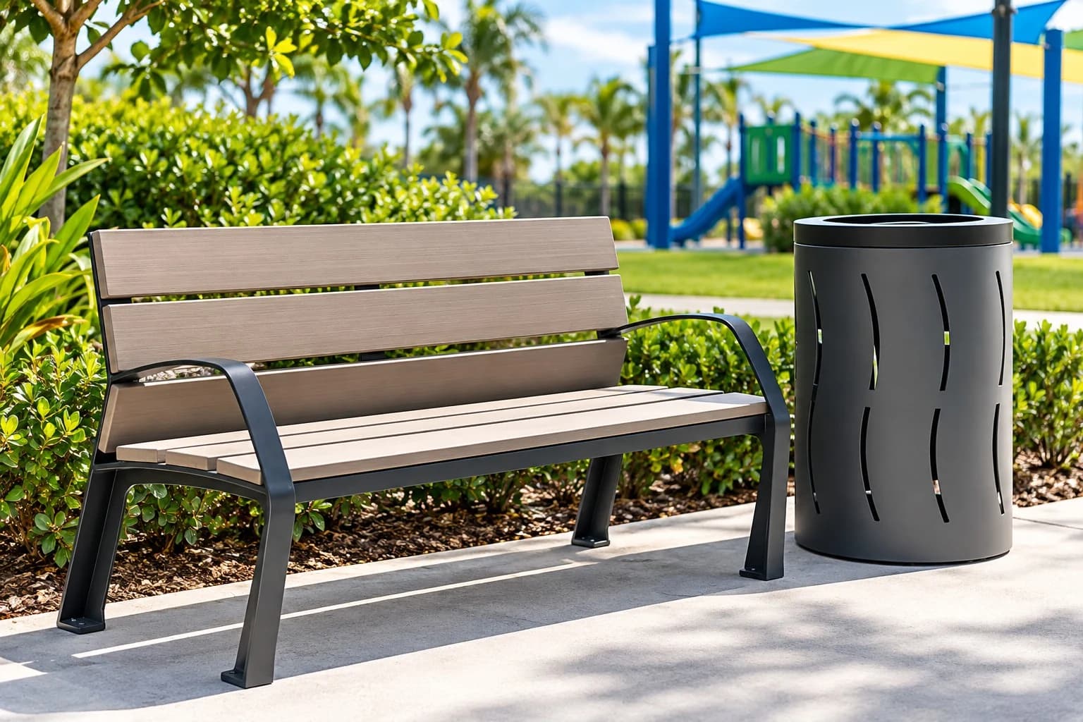 Commercial park bench and matching trash receptacle on a paved path near a playground.