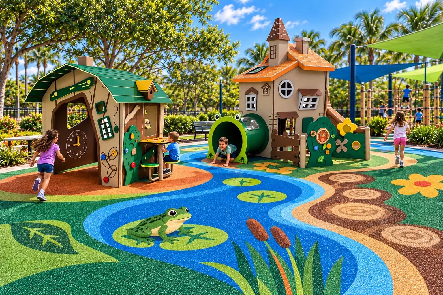 Colorful pour-in-place rubber surfacing with a pond, frog, and flower theme around a playhouse.