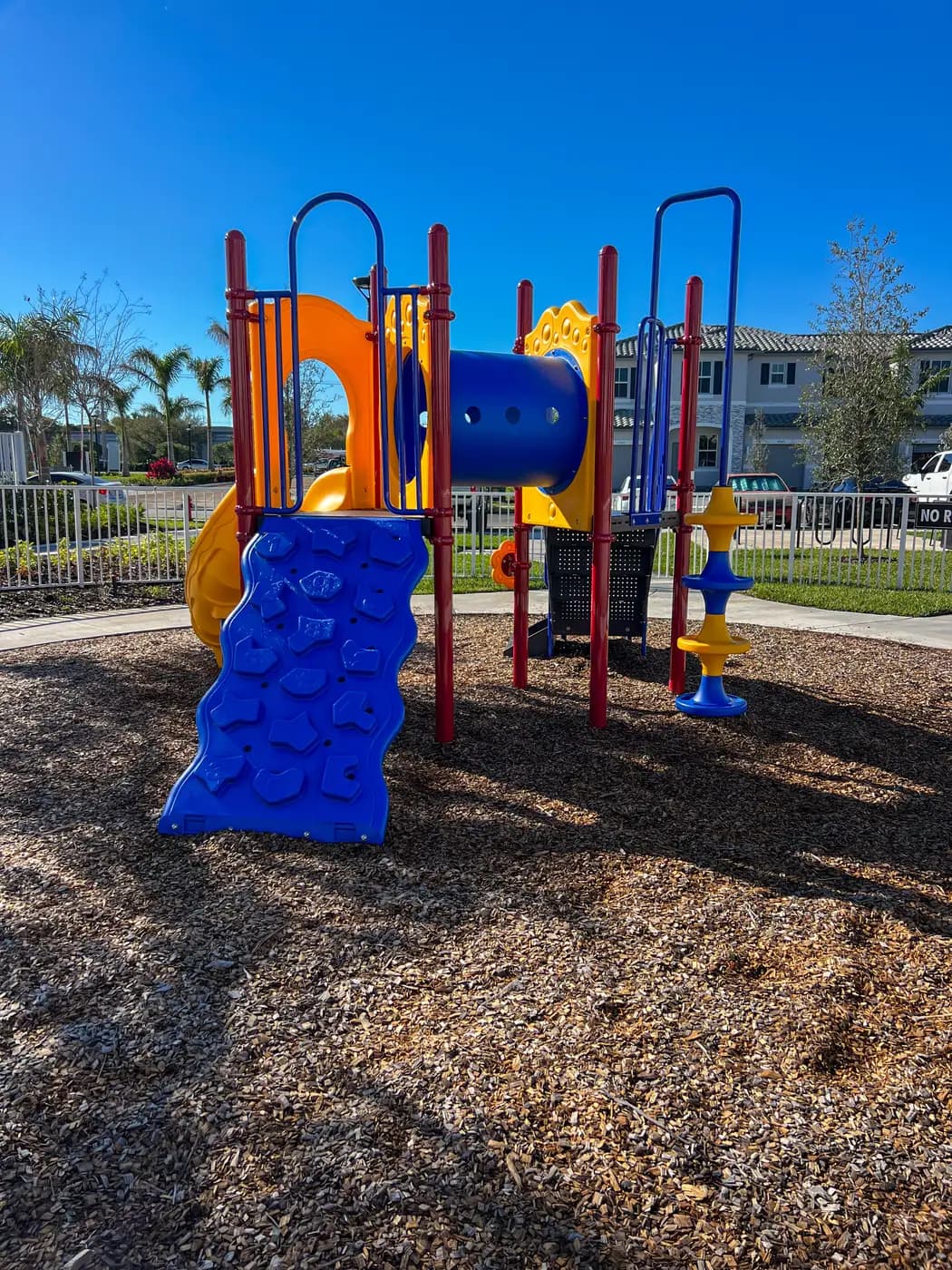 Climbing wall and slides at the Sunset Trails playground