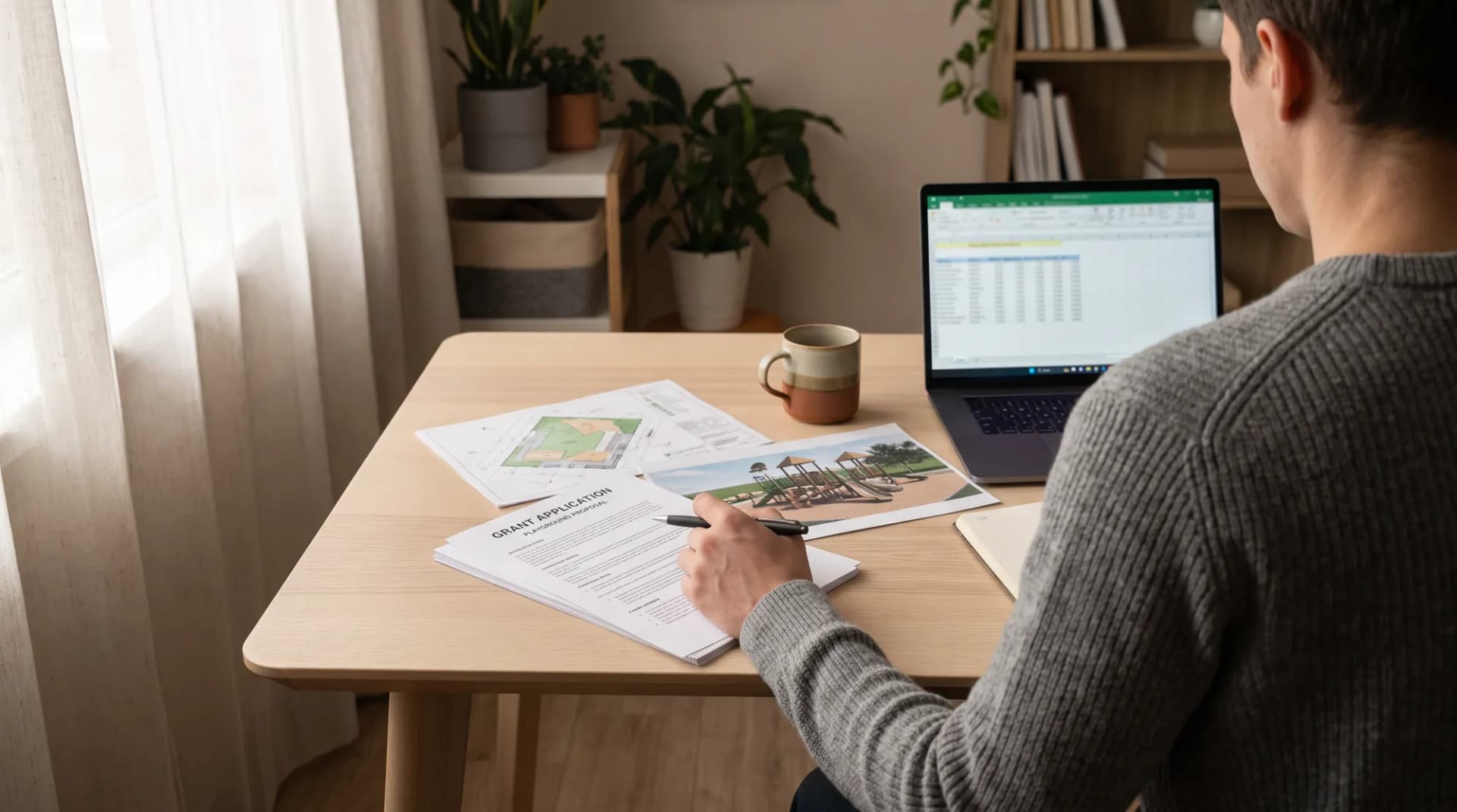 Person at a wooden desk filling out a playground grant application, with site plans, a playground rendering, and a budget spreadsheet on a laptop.