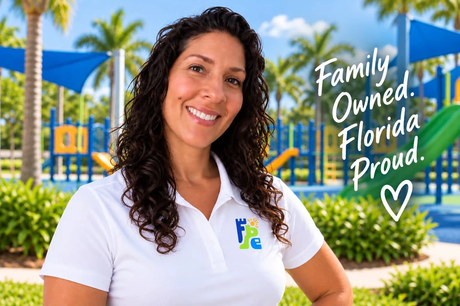 Smiling team member in a white Florida Playground Equipment polo in front of a playground, with the words Family Owned, Florida Proud