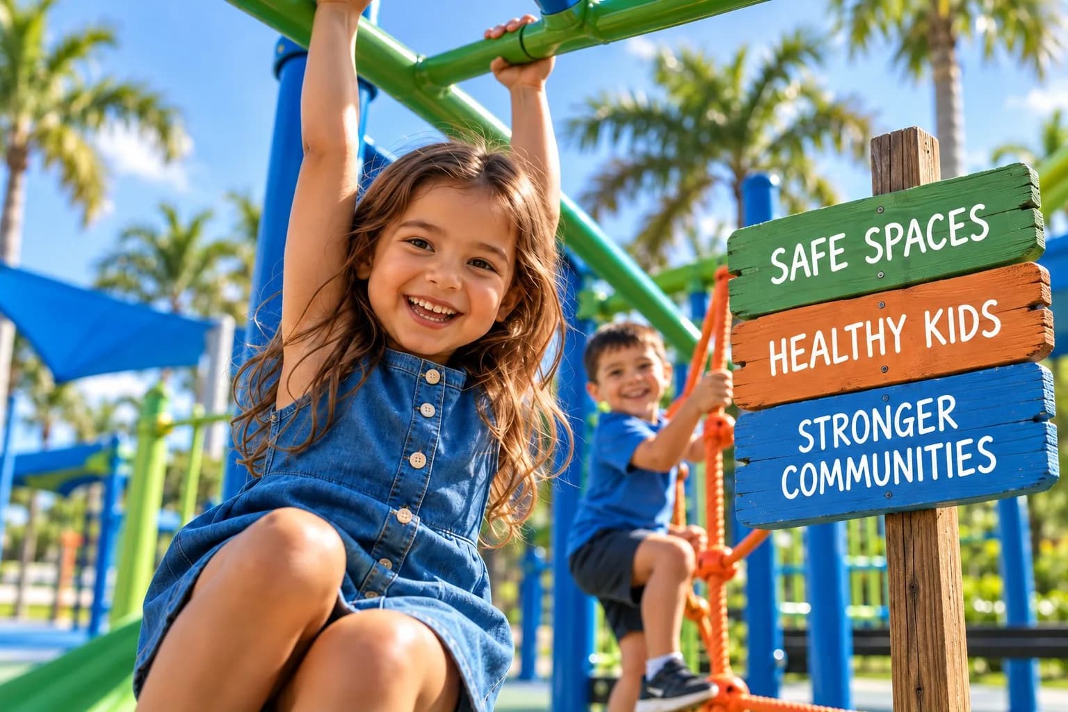 Two children playing on a blue and green playground under palm trees, beside a wooden sign reading Safe Spaces, Healthy Kids, Stronger Communities