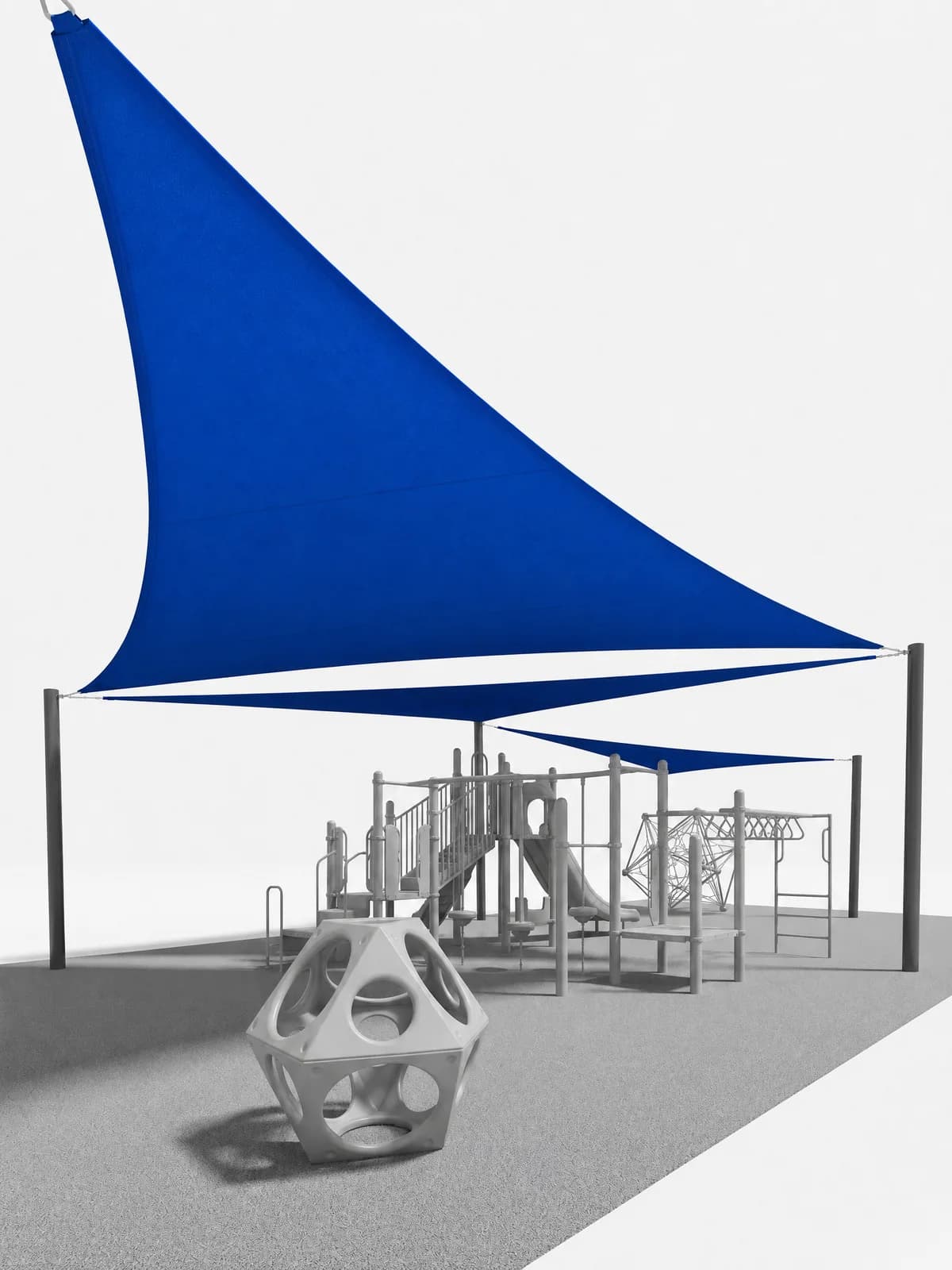 Blue triangular shade sails stretched over a playground